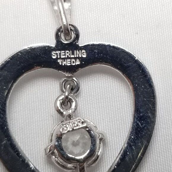 Vintage Sterling Silver Heart Pendant, Rhinestone Charm Center, Marcasite, Theda - Picture 4 of 7